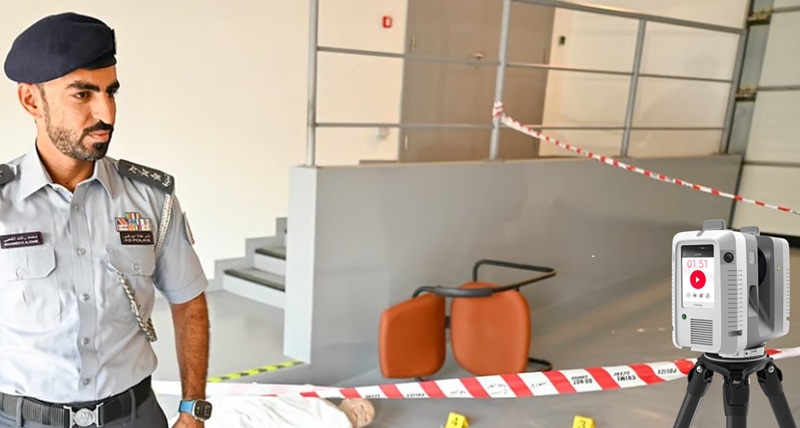 Abu Dhabi Police's Major Mohammed Alkaabi at a mock crime scene teaching laser scanning